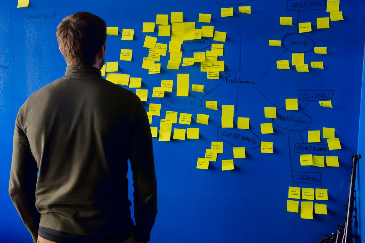 Someone in a green jumper studying a wall covered in notes