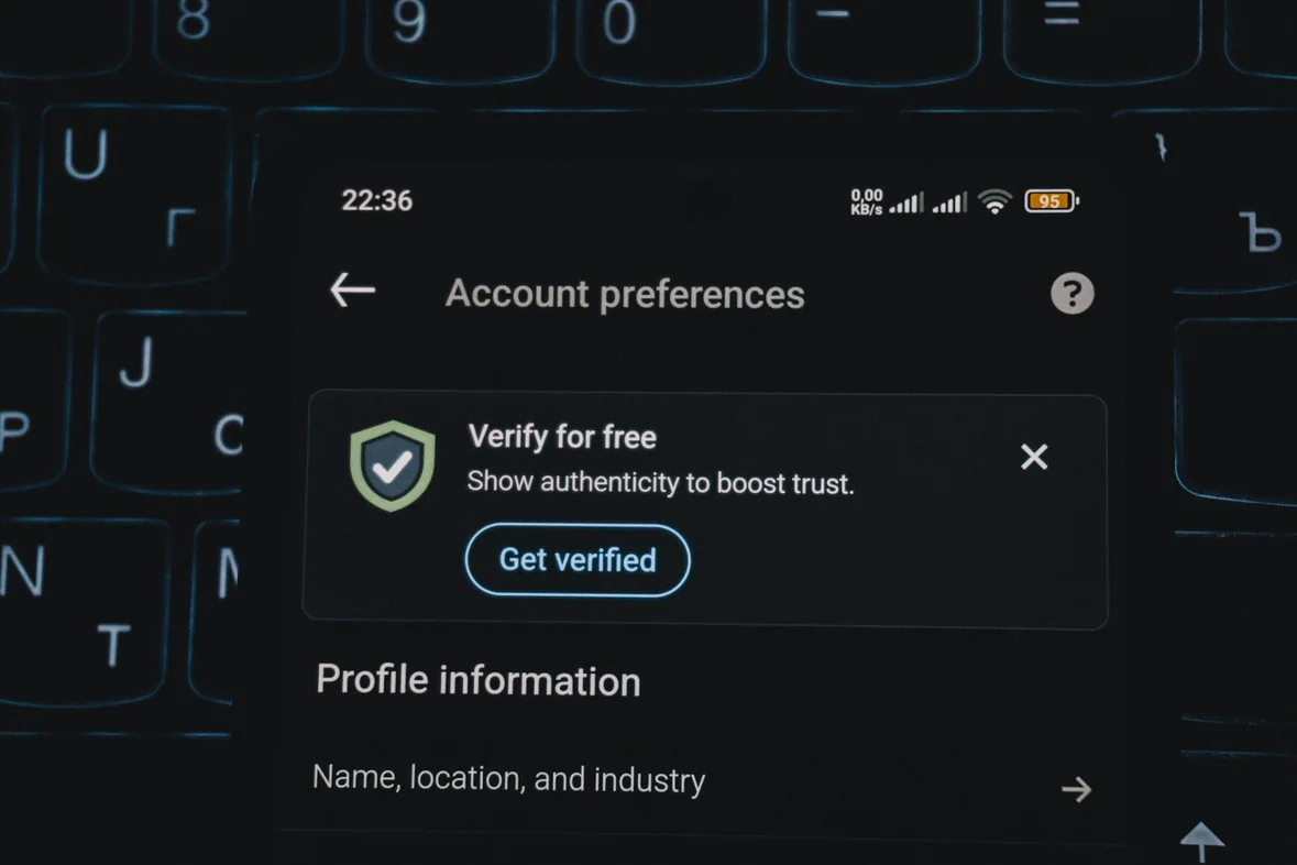An account settings screen showing verification options