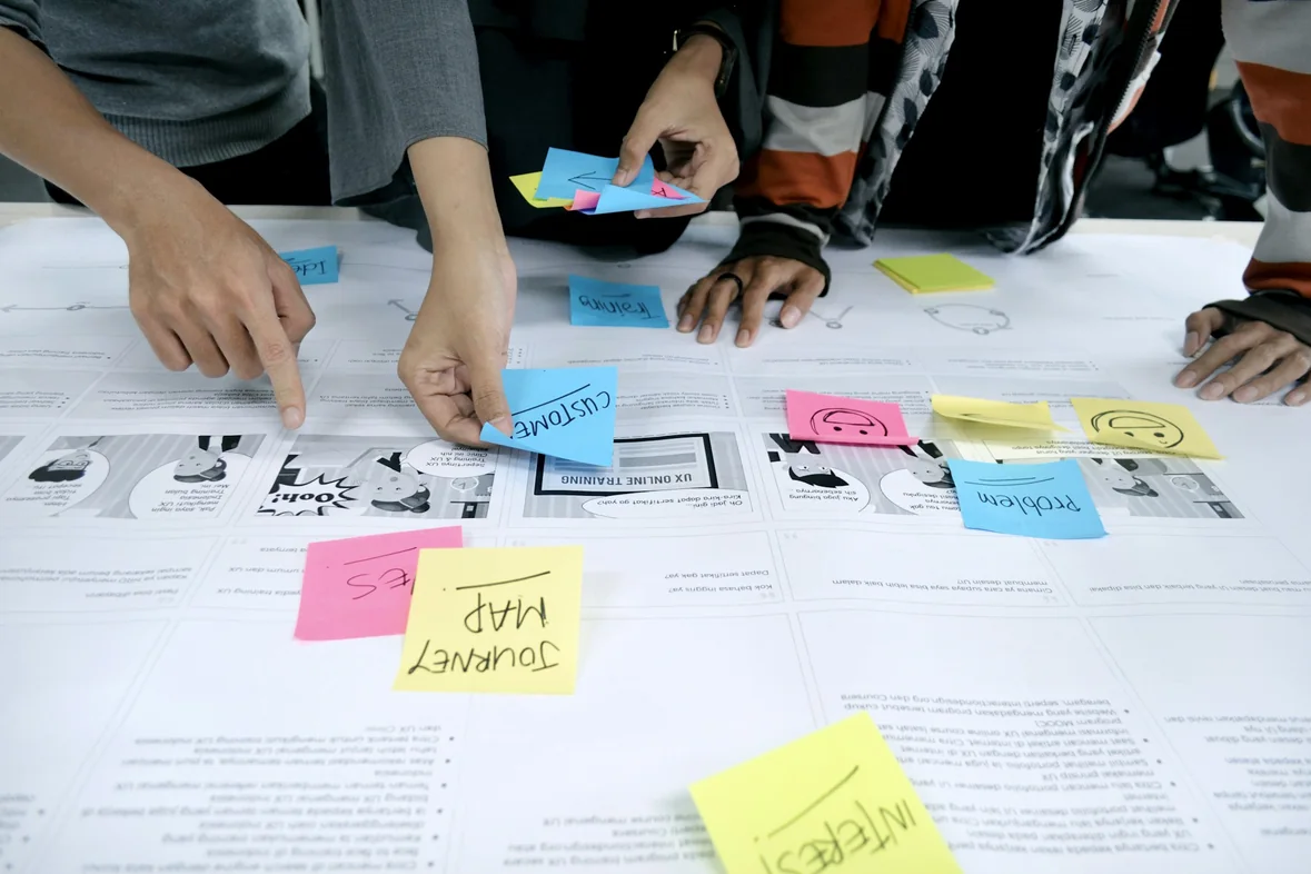 Several people leaning over a large sheet on a table, arranging coloured sticky notes into a labelled journey map