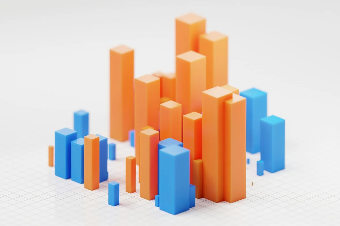 Three-dimensional bar chart columns rising against a pale grid background