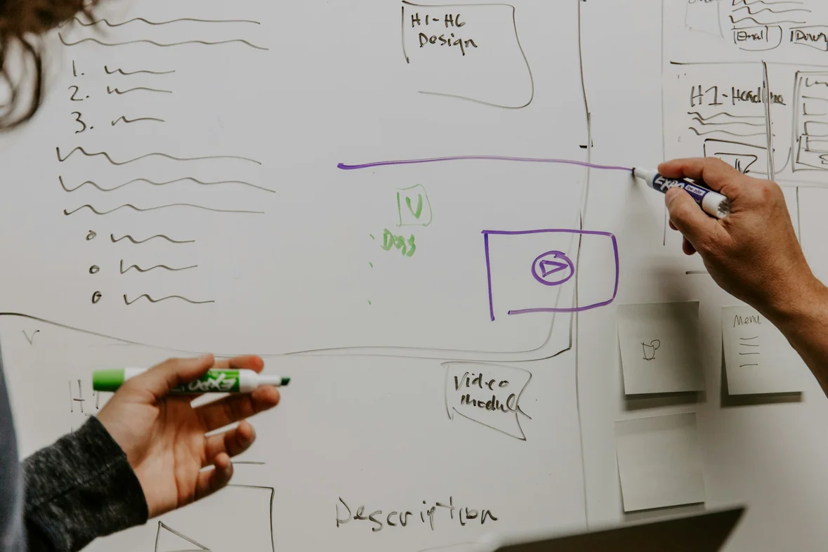 Two people working through a diagram together on a whiteboard