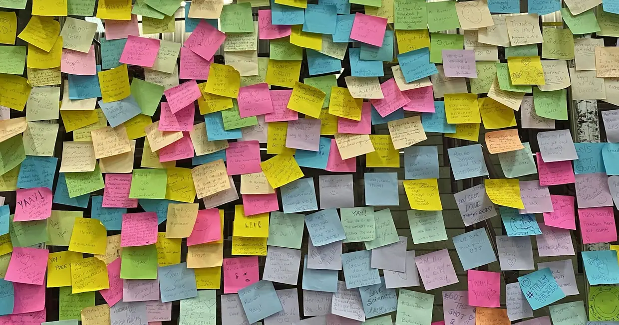 A wall covered in many coloured sticky notes