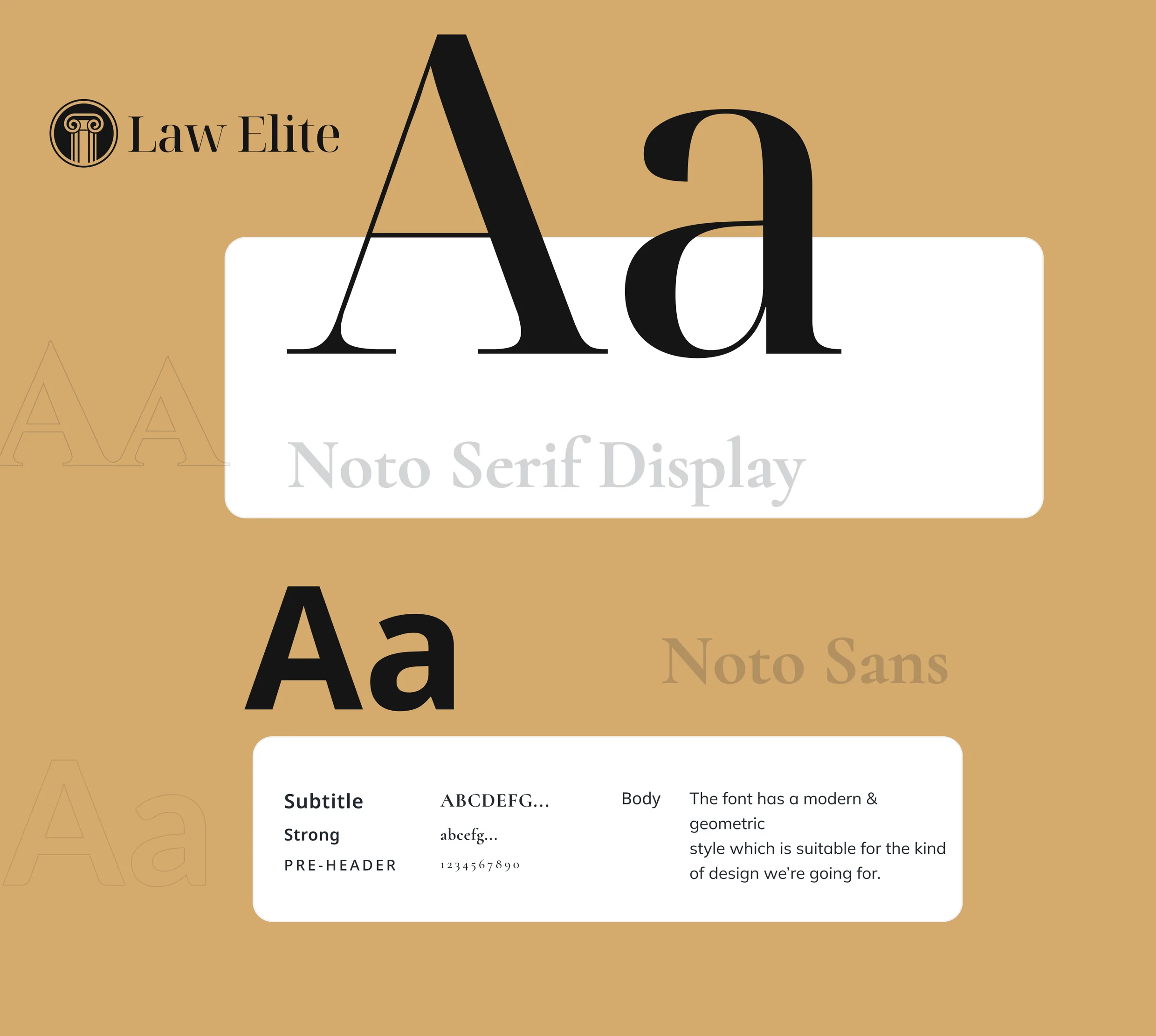 Typography specimen for Law Elite — An Elevated, Authority-Led Presence for a Multi-Specialty Firm — Noto Sans and Noto Serif Display